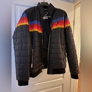 Aviator Nation Women’s Black Puffer Jacket with Multicolor Stripes NWOT
